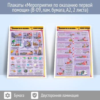 Плакаты «Мероприятия по оказанию первой помощи» (В-09, ламинированная бумага, А2, 2 листа)